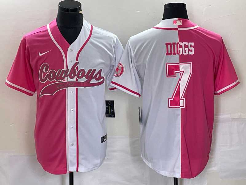 Men%27s Dallas Cowboys #7 Trevon Diggs Pink White Two Tone With Patch Cool Base Stitched Baseball Jersey